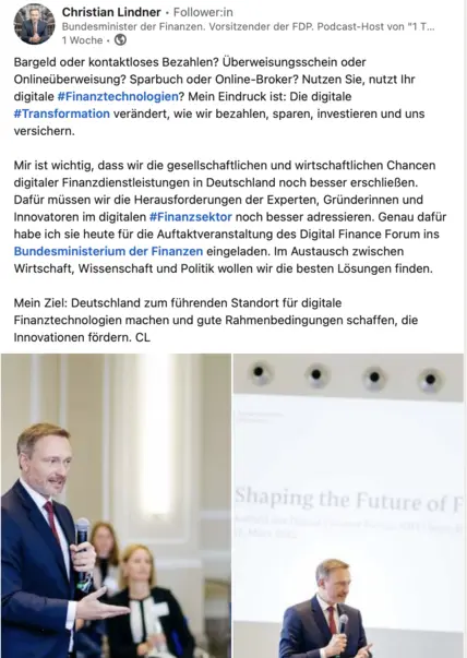 Christian Lindners LinkedIn Beitrag zu digitalen Finanztechnologien