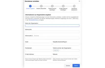 Politische Autorisierung im Business Manager: Disclaimer einrichten, Daten eingeben